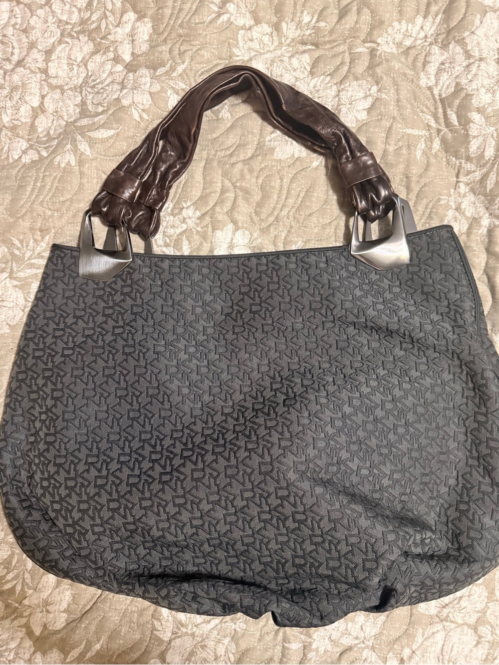 DKNY XL Charcoal Monogram Jacquard Hobo Shoulder Bag Leather Handles